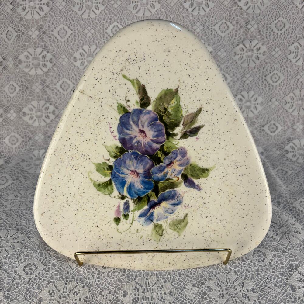 Vintage Triangular Trivet Ceramic Plate Hand Painted Floral Speckled Pottery